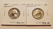 Two(2) Silver Washington Quarters - 1964 P&D - 90% Silver Coins