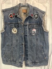 VTG Gap Denim Jean Vest XXL Embroidered Patches Men’s MACHETE MAD SIN SKULL Moto