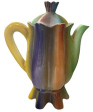 Vtg Teapot Retro Irridescent Lustre Pastel Ceramic Gold Gilding Approximately 9”