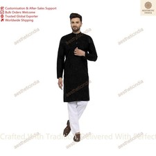 Indien Traditionnel Hommes Vêtement Coton Kurta Couleur Noir Designer
