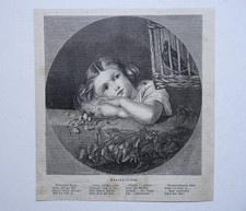 Evening Peace. Child with aviary and bird, wood engraving around 1868
