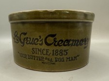 Vintage Le Grue's Stoneware Creamery Butter Crock Olive Green 5.75 x 3
