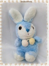 Doudou Peluche Lapin Assis Bleu Et Blanc Pompons Jaune Et Blanc Vintage Nounours