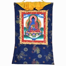 MEDECINE BOUDDHA SANGYE MENLA VINTAGE THANGKA TIBÉTAIN BROCART DE SOIE...