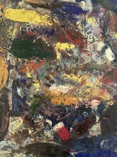 Belle Peinture Abstrait Huile Panneau Bois 1970 Abstraction à identifier ancien