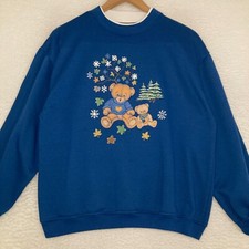 Vtg Basic Editions Sweatshirt Women Fits Like M Flowers Teddy Bear Sweater