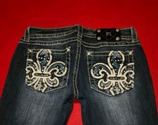Women's Miss Me Fleur De Lis Rhinestone Leather Bootcut Jeans 30 31X7.5X32.5
