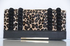 New Tamara Mellon Sugar Soft Calf Black Clutch Leopard Print Calf Hair PONY Bag 