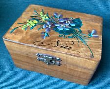 Boîte en bois d’olivier Nice, ancienne, capitonnée décor peint main années 40-50