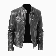 Cafe Racer Men's Leather Jacket Genuine Sheep Skin Motorcycle Biker Black Jacket