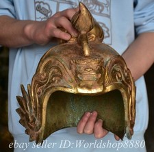 12.8" Old Chinese Bronze ware Gilt Dynasty General Beast Head Casque Statue