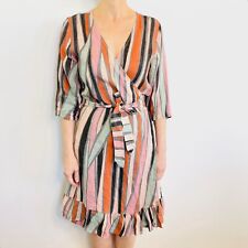 Talia Benson Size S 8 10 12 Orange Pink Green Stripe Linen Wrap Dress