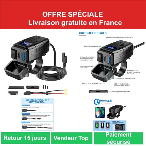 Prise usb moto étanche qc3 - prise,