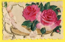 Antique Embossed Postcard Embossed CELLULOID PINK Basket Velvet Fabric
