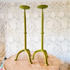 Vtg Spanish Cast Iron Church Candlesticks Painted Farrow & Ball Sap Green 15"