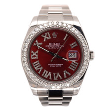 Rolex Hommes Datejust 41mm Huître Acier Montre Glacé 3ct Diamant Red Romain Dial