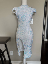 White Sequin Cap Sleep Tummy Side Peekaboo Slit Party Dress Medium