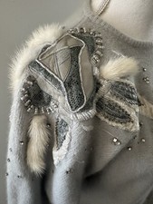 Pull gris argenté et blanc en angora laine et fourrure véritable Vintage T38 M