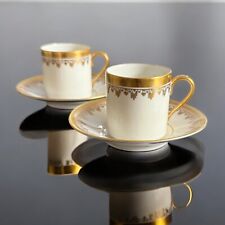 Duo Mocha Cups Saucers Limoges White Porcelain Gold Decor - Antique