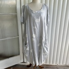 Talia Benson Linen Dress Women L/XL Grey Spot S/Sleeve Midi Dolman Pockets Italy