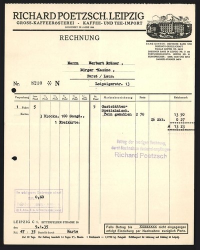Facture leipzig 1935 richard - leipzig, 1935,