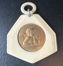 MEDAILLE de BERCEAU ancienne MEDAILLON ANGE GARDIEN signée TAIRAC ART DÉCO