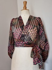 VINTAGE 70S CHEMISIER CACHE COEUR VOILE TRÉS JOLI IMPRIMÉ FLORAL NAÏF BUCOLIQUE 