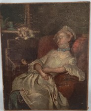 Portrait Painting Young Woman with a Cat after Colson Oil/Canvas 18th Century