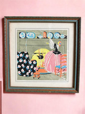 Art Deco Pochoir Early American Colonial Kitchen Scene Framed wall Print Signed