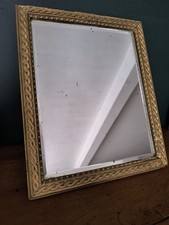 Antique Gold Mirror with Beveled Glass Stucco Frame on Wood 34x27cm Vintage 