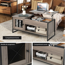 Table Basse Avec Plateau Élévateur Relevable Compartiments Ouverts avec Portes