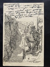 Old postcard illustration illustration German soldier in trench Champagne war 14