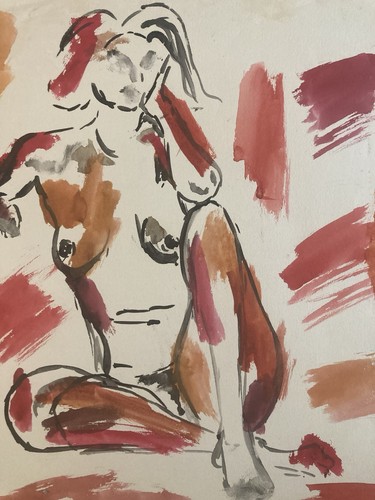 Dessin femme assis gouache - dessin,