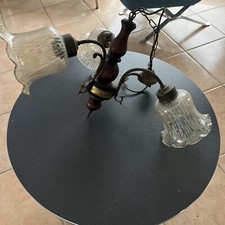 Antique 3 Branch Wooden and Brass Chandelier with Tulip