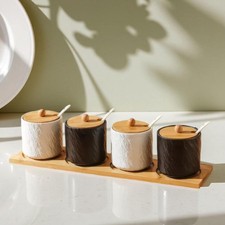 Pots à Épices en Céramique avec Couvercles et Cuillères en Bois 