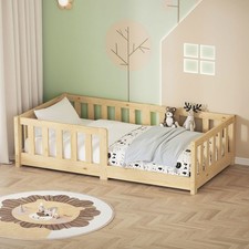 Lit au sol enfant simple 70x140 cm naturel en pin massif avec antichute sommier