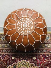 Moroccan Natural Real Round Footstool Leather Ottoman Pouf Handmade Boho Pouff