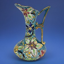 Vtg 50's H. BEQUET Hand Painted Blue w /Gold Trim Pitcher Vase Quaregnon Belgium