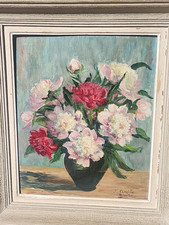   J CAVAILLE Bouquet of Peonies Oil Painting on Isorel Panel Signed 