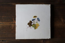 Large Antique Hand Painted Earthenware Ceramic Tile Flowers Spain 19th Century