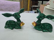 Lefton Christmas Figurine Green Deer Fawn Big Ear Vintage Sticker Japan Lot Of 2