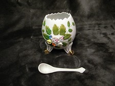 Vintage Gold Footed Porcelain Egg  Jagged Top, Flowers 3-D and Leaves, Spoon