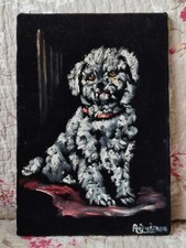 ANCIEN TABLEAU HUILE SUR VELOURS NOIR PETIT CHIEN SIGNÉ 24 X 35 CM