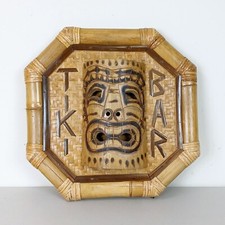 Vintage Tiki Bar Sign w Mask & Pyrography Bamboo Hawaii Man Cave Wall Art Plaque