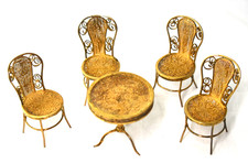 DOLLHOUSE Miniature STERLING Filigree Patio TABLE CHAIRS Bistro Set w Goldwash