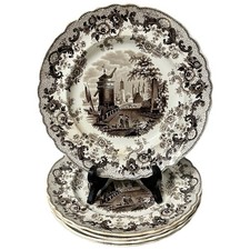 5 Antique Brown Staffordshire Transferware Plate Set Pomerania German Windmills