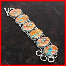 Oval Spiny Oyster Copper Turquoise Stone Sterling Silver Chain Bracelet Jewelry