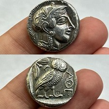 Exquise ancienne pièce de monnaie romaine grecque Athéna Attique hibou enduit...