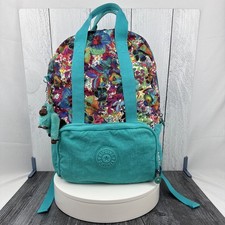 Kipling Pippin Large Backpack Bag Aloha Grove Turquoise Floral Printed w/ Charm