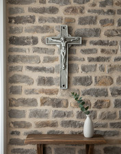 Rare Vintage GIDER DSE 1129 Silver Metal Wall Crucifix - Religious Art Deco